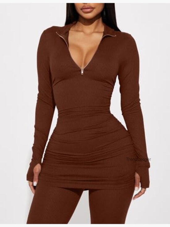 Women's Ribbed Tracksuit Set Half Zip Pullover Leggings Gym Lounge - Picture 4 of 6